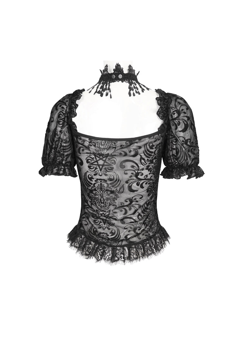 Black Short Sleeves Print Ruffle Lace Sheer Women's Gothic Blouse - Product - 7