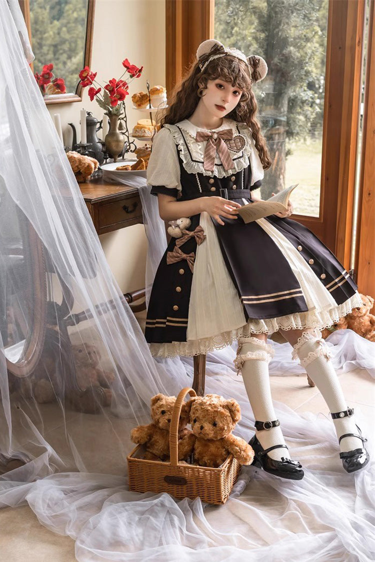 Black/White Chocolate Workshop Short Version Elegant Short Puff Sleeves Sweet Lolita Dress - Product - 7