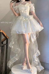 Ivory Midsummer Dream Short Sleeves Ruffle Hanayome Off-The-Shoulder Gothic Short Lolita Dress - Product - 4