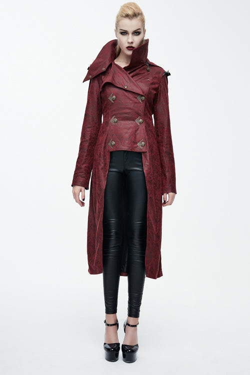 Red Short In Front And Long In Back Punk Long Leather Womens Coat - Product - 2