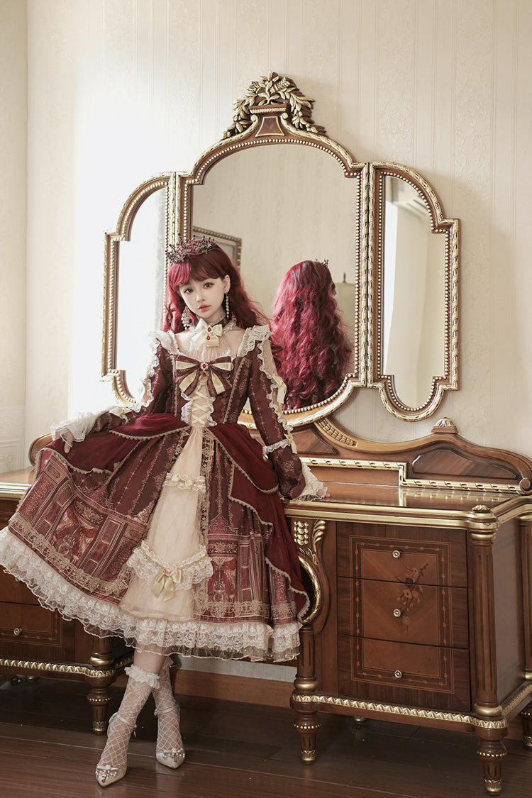 Red Baroque Palace Print Lace Classic Princess Lolita Dress - Product - 4