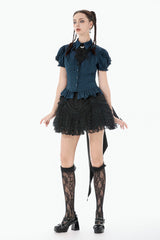 Blue Pinstripe Point Collar Short Puff Sleeves Women's Gothic Blouse with Detachable Bat Bow Tie - Product - 10