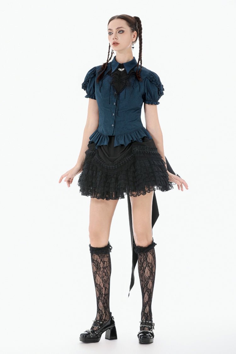 Blue Pinstripe Point Collar Short Puff Sleeves Women's Gothic Blouse with Detachable Bat Bow Tie - Product - 10