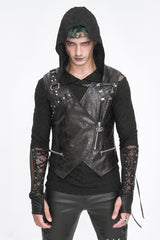 Black Zipper Faux Leather Men's Punk Waistcoat - Black - 1