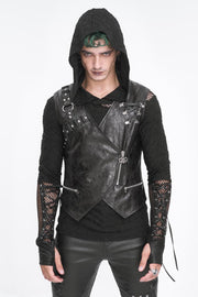 Black Zipper Faux Leather Men's Punk Waistcoat - Black - 1