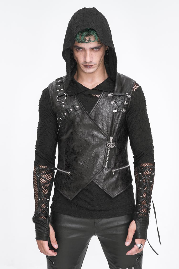 Black Zipper Faux Leather Men's Punk Waistcoat - Black - 1