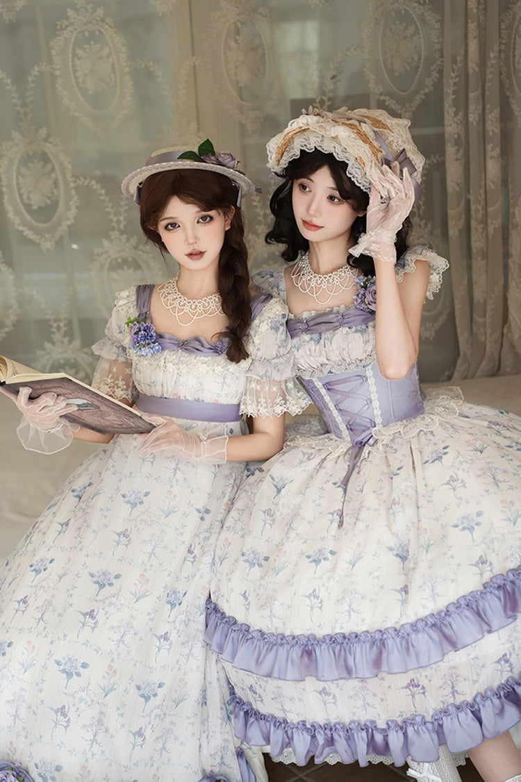 Purple/Ivory [Iris Secrets] Double-Layered Print Ruffle Bowknot Lace-Up Fake Two Pieces Sweet Lolita Jsk Dress - Product - 2