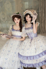Purple/Ivory [Iris Secrets] Double-Layered Print Ruffle Bowknot Lace-Up Fake Two Pieces Sweet Lolita Jsk Dress - Product - 2