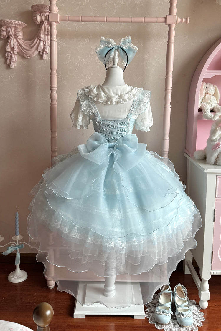 Blue [Lotus Butterfly Heart] Multi-Layered Ruffle Hanayome Bowknot Lace Sweet Lolita Jsk Dress - Product - 4