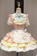 Yellow/Pink [Cream Puffs] Short Puff Sleeves Triple-Layered Ruffle Bowknot Sweet Lolita Dress - Product - 4