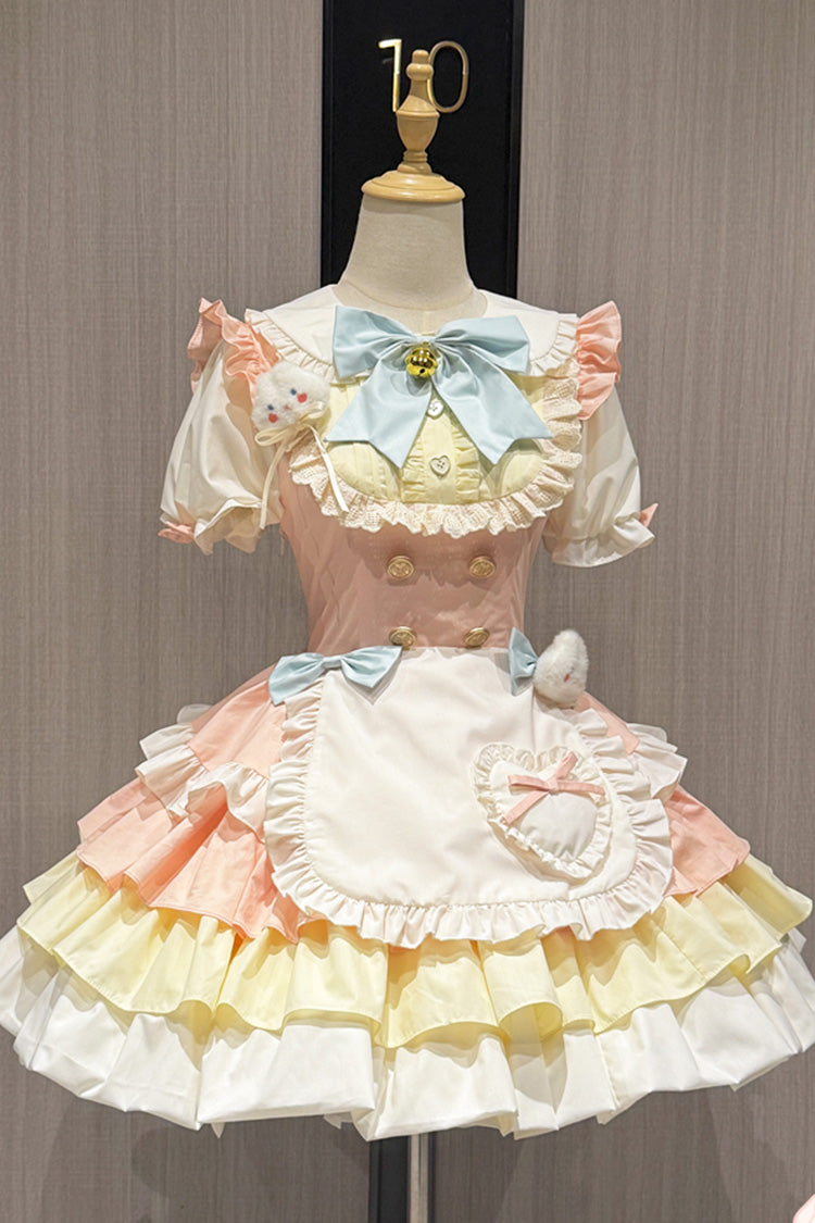Yellow/Pink [Cream Puffs] Short Puff Sleeves Triple-Layered Ruffle Bowknot Sweet Lolita Dress - Product - 4