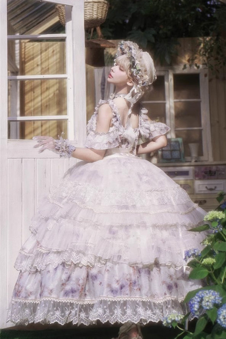 Blue [Rose Letter] Off Shoulder Triple-Layered Print Ruffle Hanayome Sweet Princess Lolita Dress - Product - 8