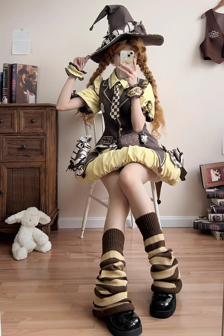 Brown/Yellow [Witch and Paradise] Short Sleeves Ruffle Bowknot Sweet Japanese Halloween Lolita Dress Vest Set - Product - 14