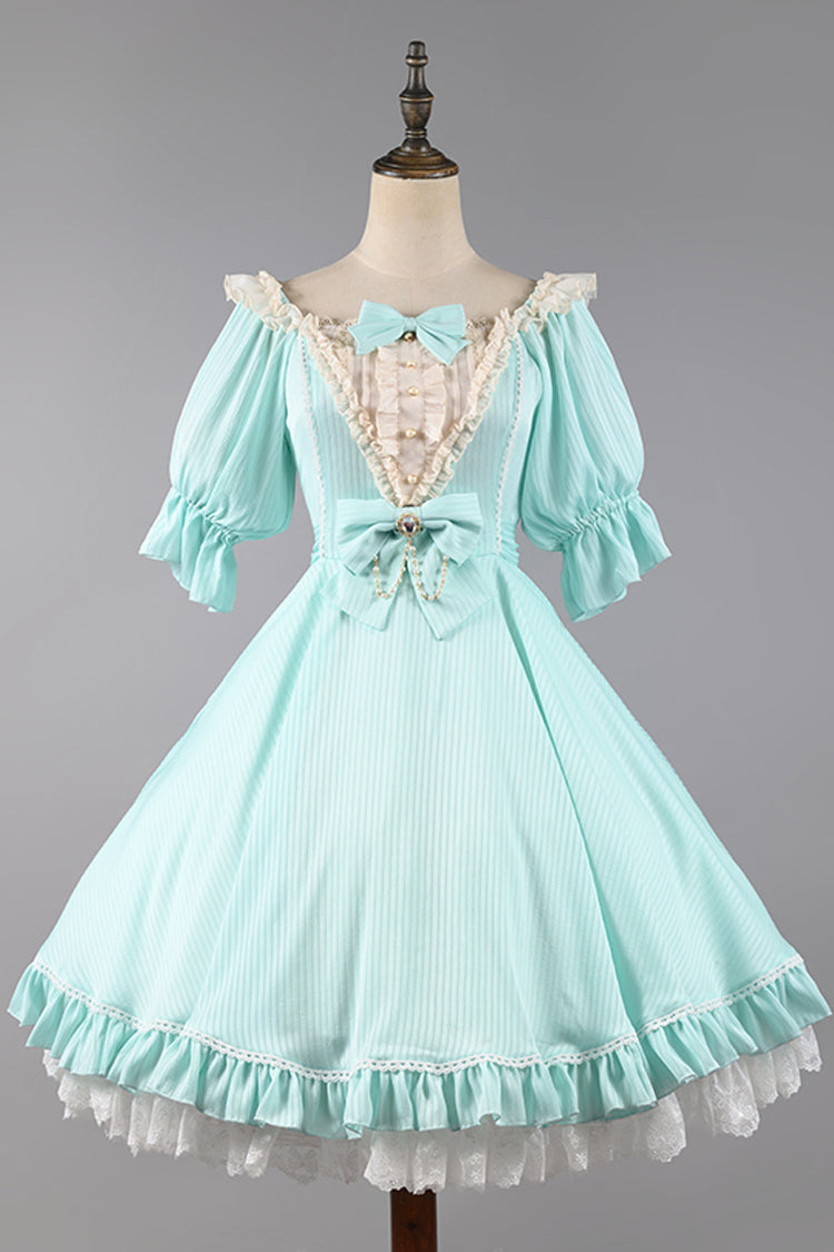 Midsummer Galaxy Solid Color Short Sleeves Ruffle Bowknot Sweet Lolita OP Dress - Blue - 1