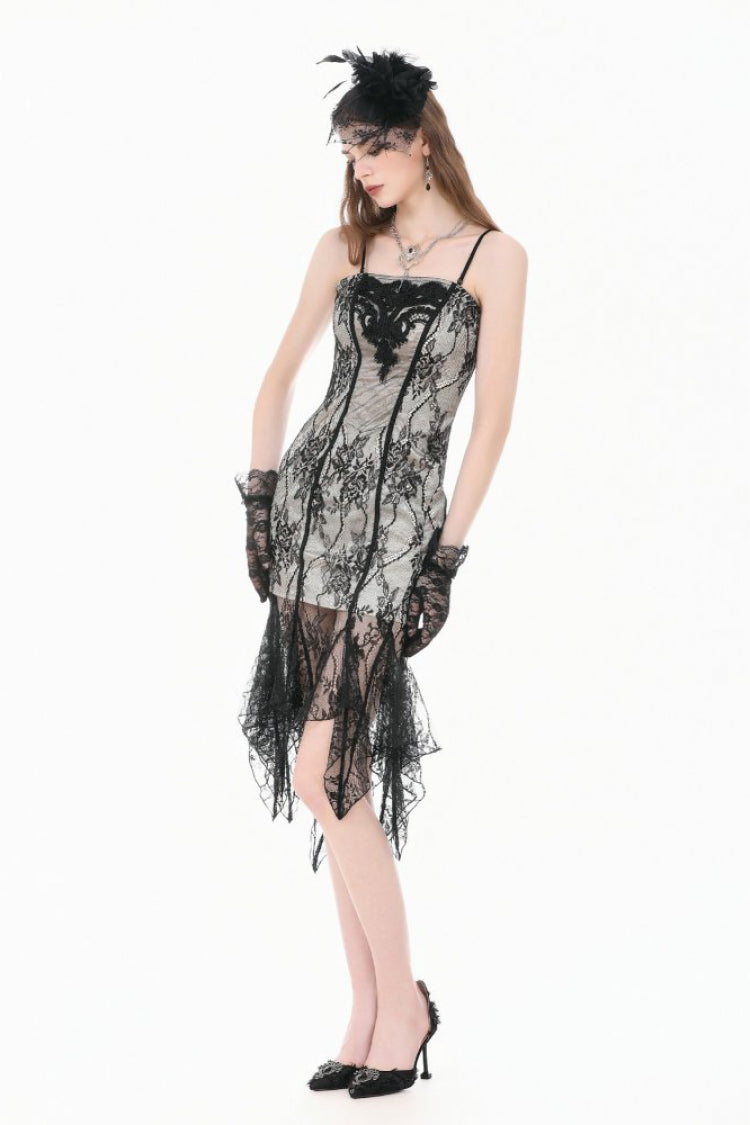 Black/White Lace Floral Embroidered Lace-Up Asymmetric Hem Women's Gothic Slip Dress - Product - 10