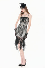 Black/White Lace Floral Embroidered Lace-Up Asymmetric Hem Women's Gothic Slip Dress - Product - 10