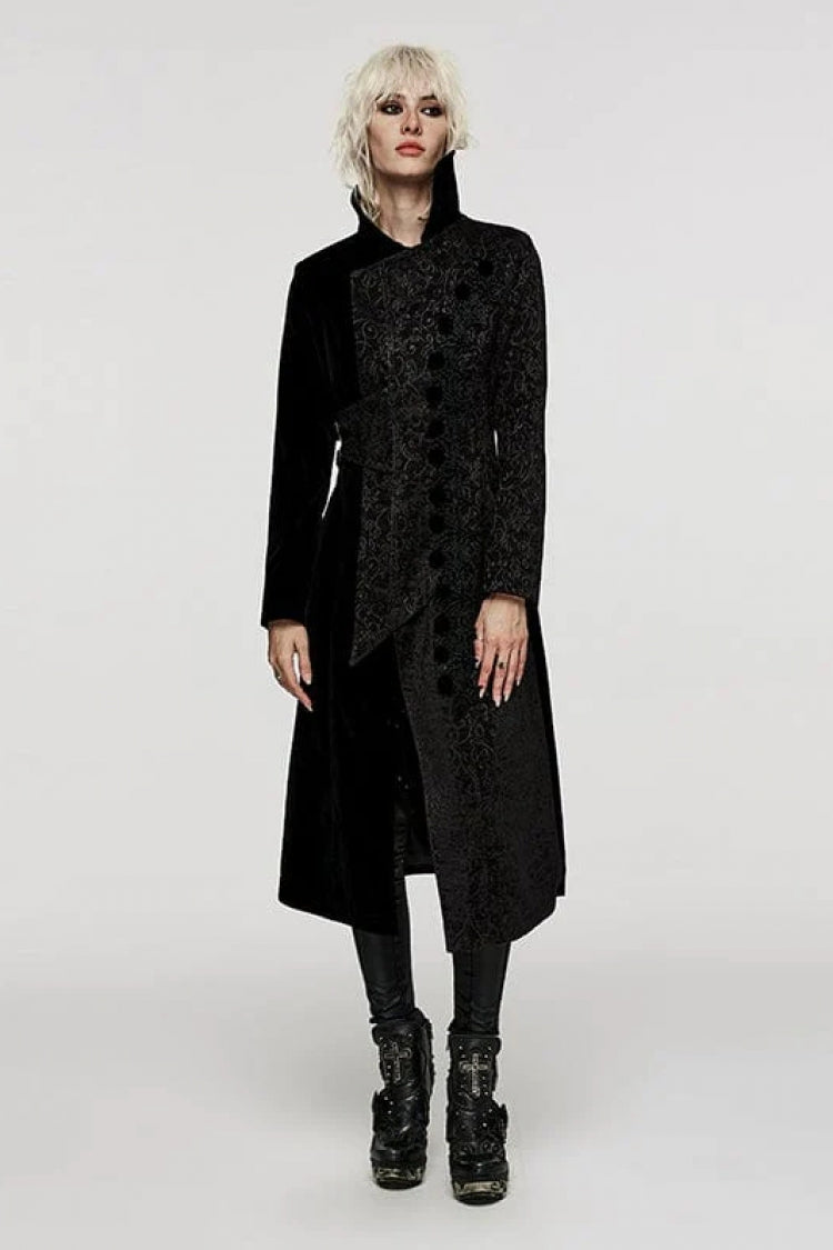 Black Stand Collar Jacquard Print Stitching Womens Gothic Coat - Product - 2