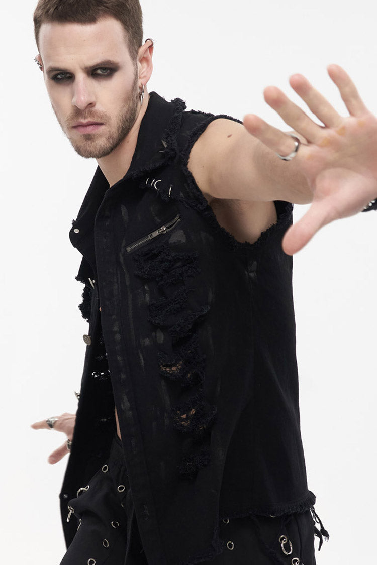 Black Punk Standing Collar Irregular Hand-Painted Sleeveless Metal Decoration Tattered Men's Shirt - Product - 4