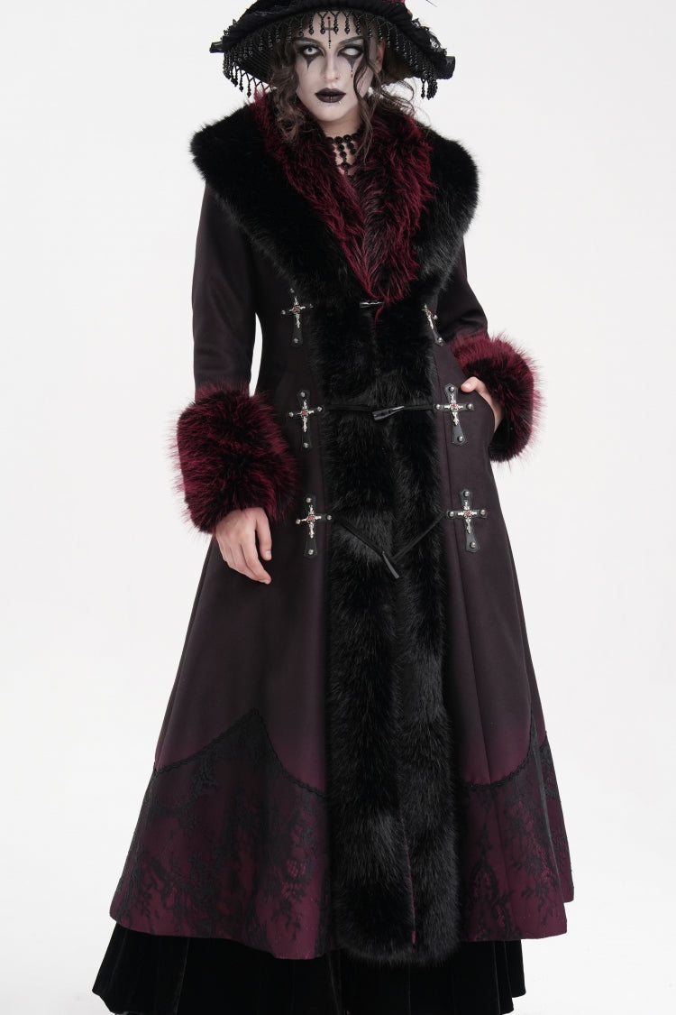 Black/Red Cross Long Sleeves Lace Women's Gothic Long Coat - Product - 6
