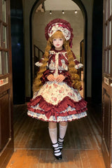 Burgundy Rose Flower Wall Printed Off Shoulder Sleeveless Ruffled Bow Lace Gothic Lolita Jsk Dress - Product - 11