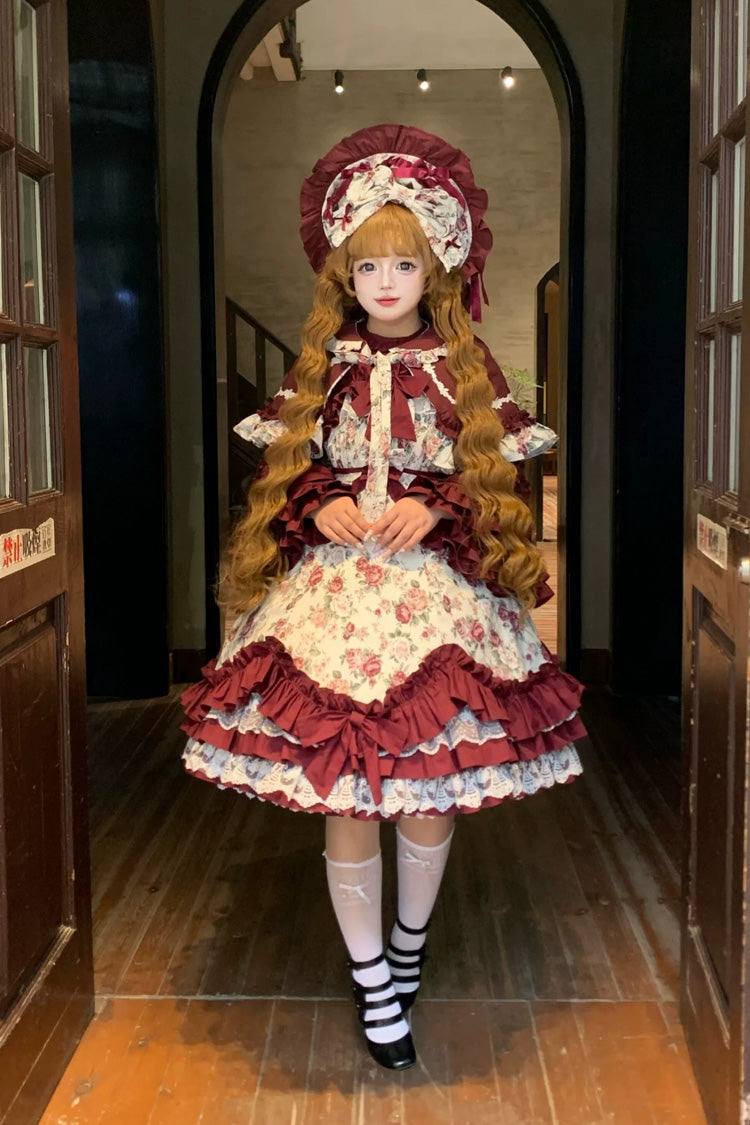 Burgundy Rose Flower Wall Printed Off Shoulder Sleeveless Ruffled Bow Lace Gothic Lolita Jsk Dress - Product - 11