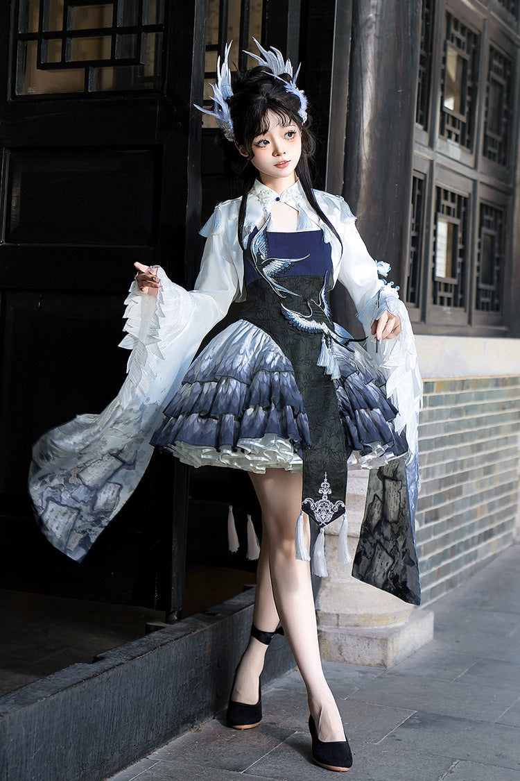 Dark Blue [Feathered Finch] Multi-Layered Print Ruffle Classic Chinese Style Lolita Jsk Dress Set - Product - 8