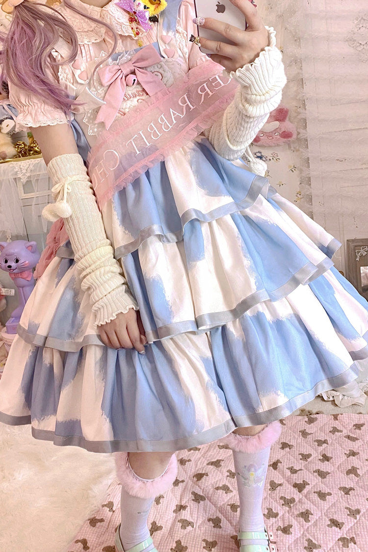 Blue Sleeveless Triple-Layered Cow Print Ruffle Bowknot Sweet Lolita Jsk Dress - Product - 15