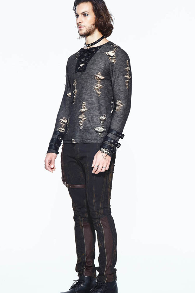 Black Long Sleeves Broken Holes Chest Lace Up Loop Cuff Men's Punk Shirt - Product - 4