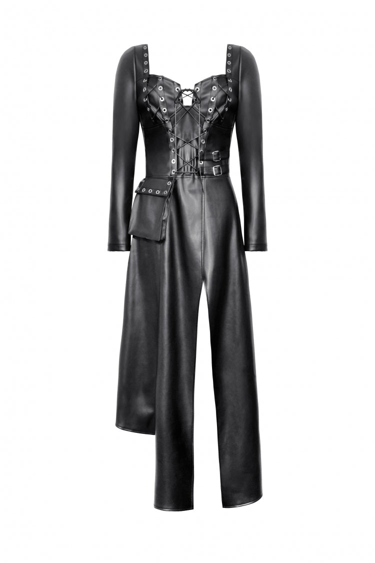 Black Women's Punk Long Sleeves Cut-Out Side Slit Irregular Hem Dress - Product - 3