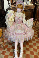 Pink [Crown of Gems] Triple-Layered Ruffle Bowknot Lace Sweet Gorgeous Lolita Jsk Dress - Product - 5