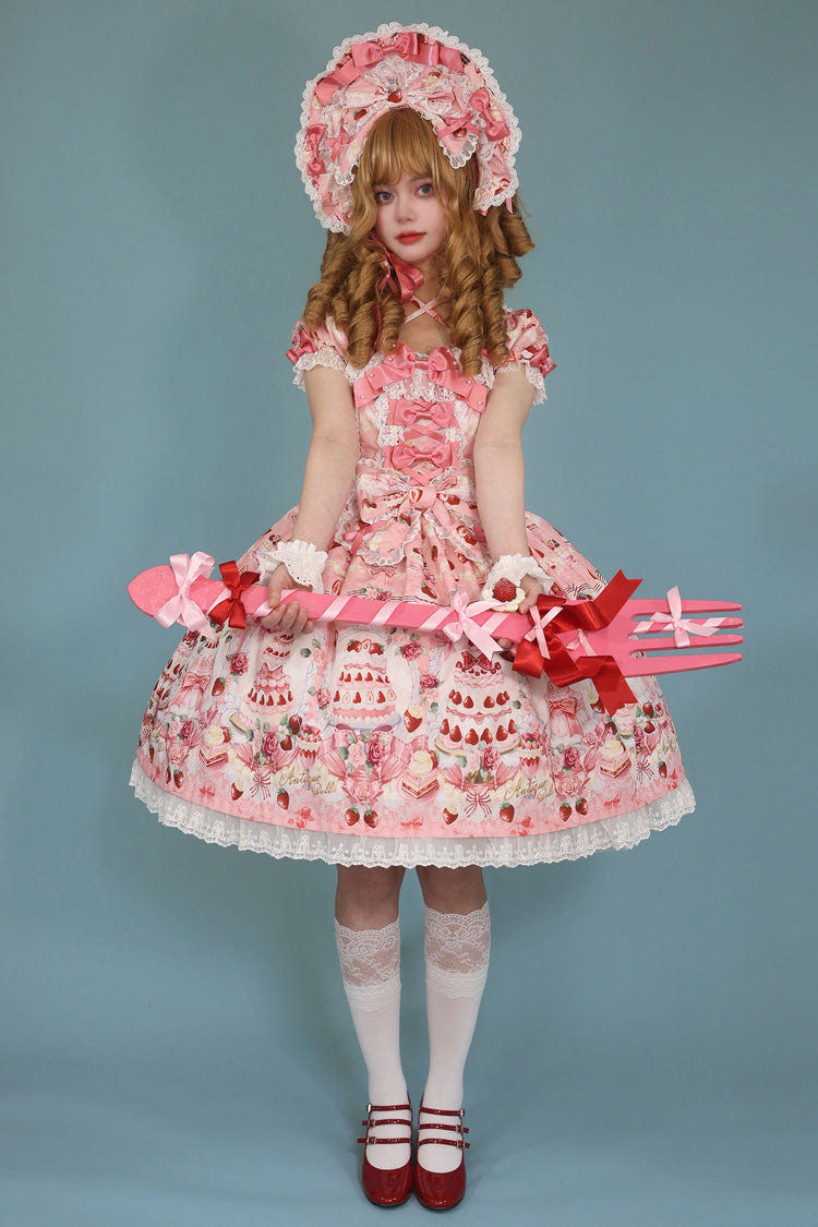 [Strawberry Cake Bouquet] Print Square Collar Short Sleeves Bowknot Lace Sweet Lolita Dress 3 Colors - Product - 10