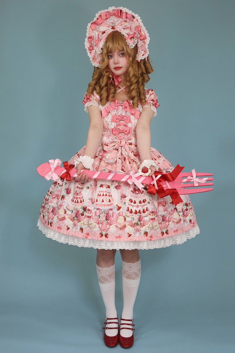[Strawberry Cake Bouquet] Print Square Collar Short Sleeves Bowknot Lace Sweet Lolita Dress 3 Colors - Product - 10