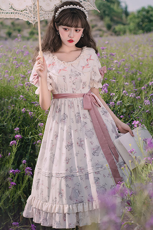 White Flower Print Short Sleeves Bowknot Ruffled Sweet Lolita OP Dress - Product - 2