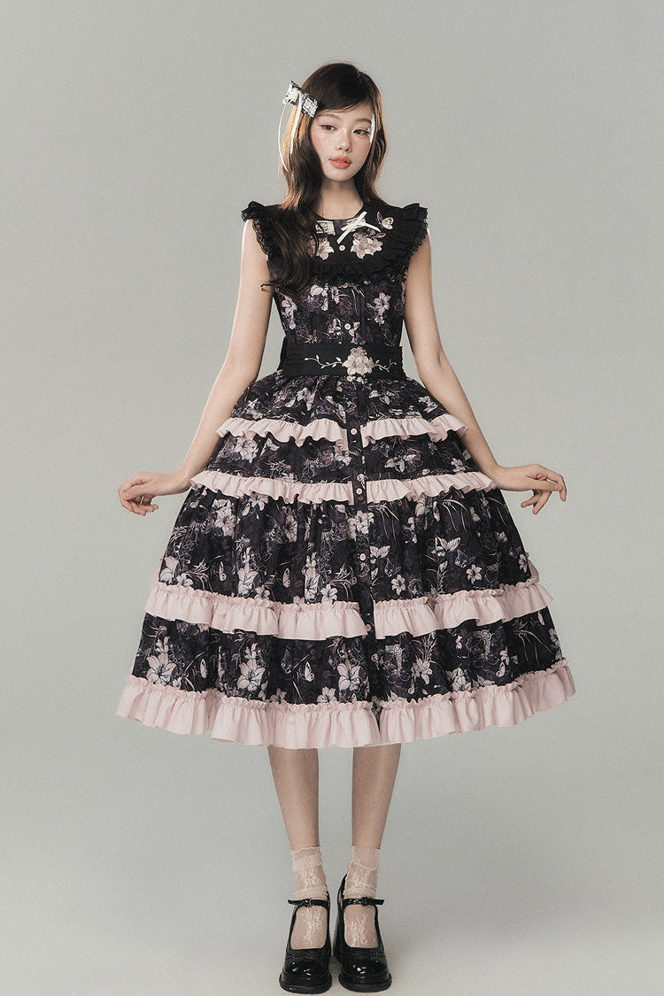 Black [Sacred Heart Lily] Round Collar Sleeveless Multi-Layered Printed Ruffled Embroidered Sweet Chinese Inspired Lolita Jumper Dress - Product - 6