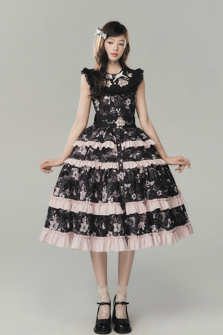 Black [Sacred Heart Lily] Round Collar Sleeveless Multi-Layered Printed Ruffled Embroidered Sweet Chinese Inspired Lolita Jumper Dress - Product - 6
