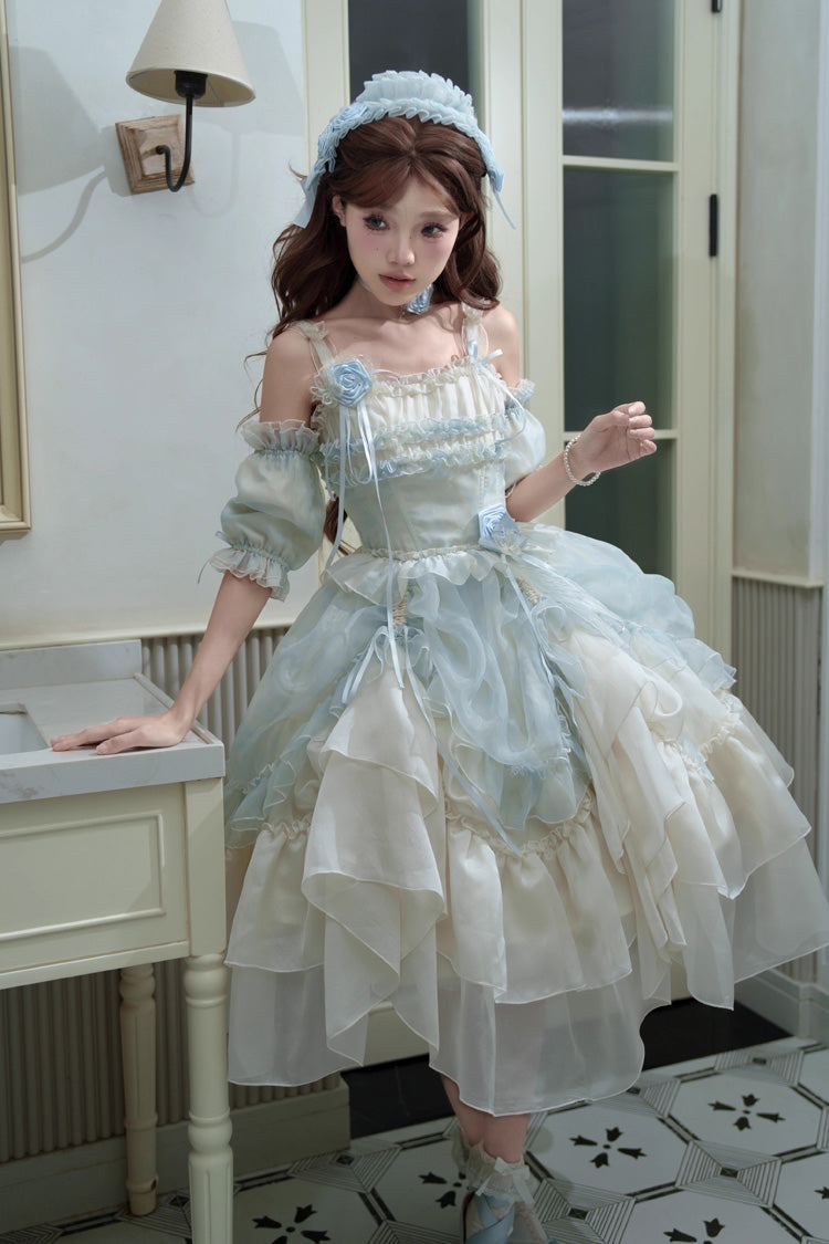 [Goodnight Camellia] Sleeveless Ombre Multi-Layered Printed Ruffled Lace Fishbone Sweet Lolita Jsk Dress 3 Colors - Product - 10