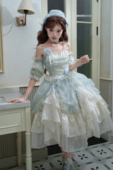 [Goodnight Camellia] Sleeveless Ombre Multi-Layered Printed Ruffled Lace Fishbone Sweet Lolita Jsk Dress 3 Colors - Product - 10