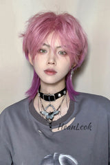 Purple/Pink Wolf Tail Mullet Head Medium Haircut Ouji Wig - Product - 3