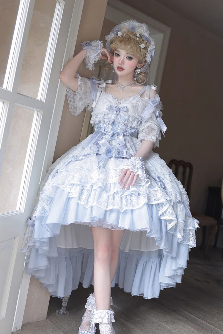 Blue [Diane Rose] Short Sleeves Multi-Layered Jacquard Ruffle Hanayome Cardigan Bowknot Lace Sweet Lolita Dress - Blue - 1