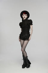 Black Multi-Layered Embroidered Lace Lace-Up Pleated Women's Gothic Shorts - Product - 5