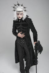 Black Diamante Stand Collar Long Sleeves Printed Zippered Men's Gothic Long Coat - Product - 5