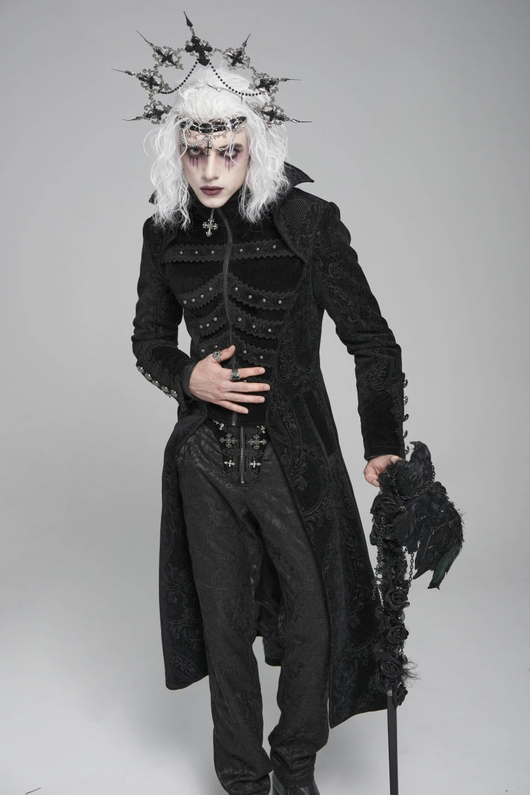 Black Diamante Stand Collar Long Sleeves Printed Zippered Men's Gothic Long Coat - Product - 5