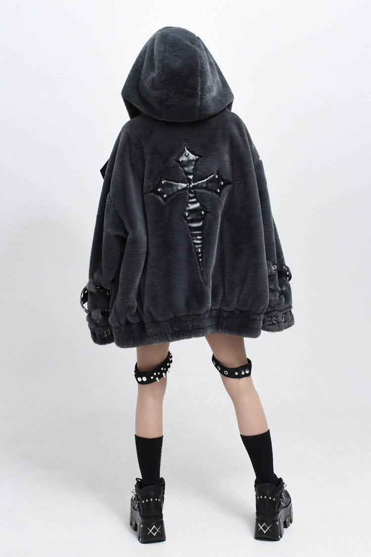 Jirai Kei Long Sleeves Hooded Zipper Punk Japanese Coat With Cross Leather Buckles 2 Colors - Product - 4