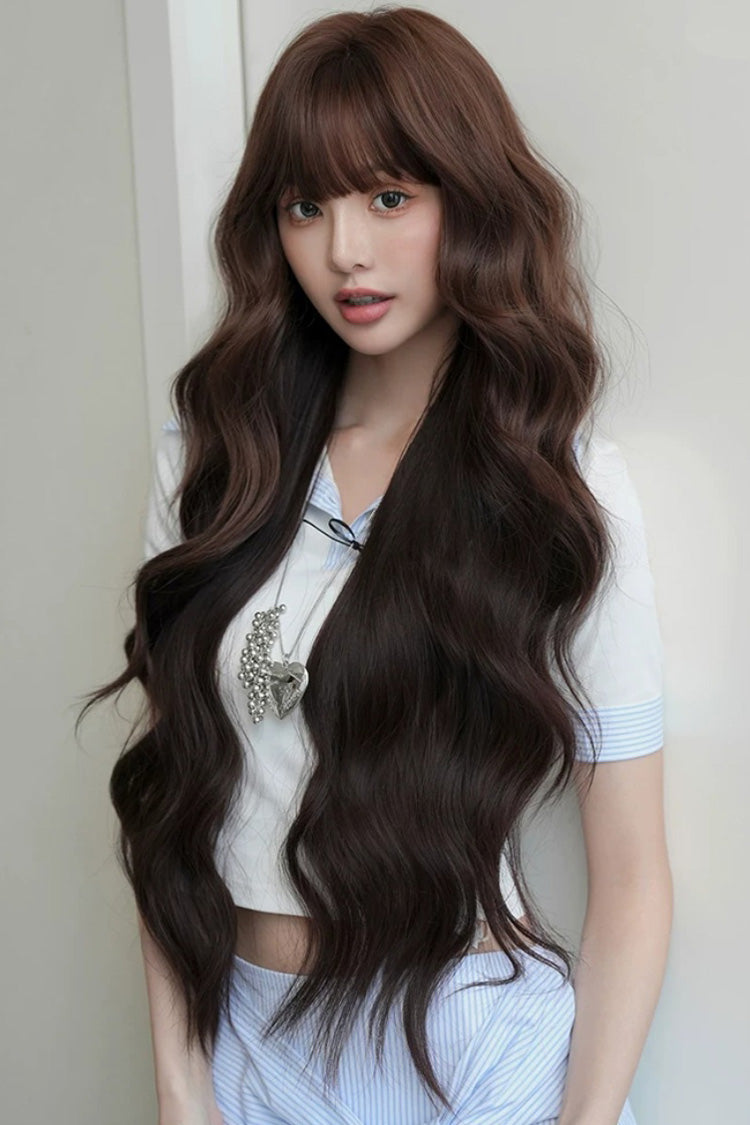 Light-Root Chestnut Brown Ombre Natural Fluffy Long Big Wavy Sweet Lolita Wig with Air Bangs - Product - 7