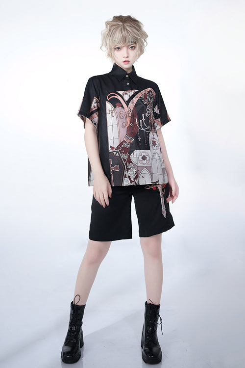 Lapel Collar Night Command Print Loose Short Sleeves Ouji Lolita Blouse - Product - 4