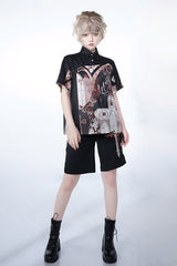Lapel Collar Night Command Print Loose Short Sleeves Ouji Lolita Blouse - Product - 4