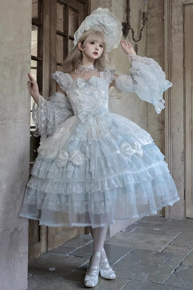 Blue [Prelude of Spring] Sleeveless Multi-Layered Ruffled Bow Lace Sweet Princess Lolita Jsk Dress - Product - 3
