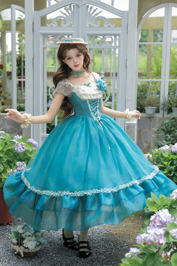 Blue/Green [Water Lily] Square Collar Ruffled Lace-Up Sweet Royal Lolita Dress 2 Versions - Product - 21