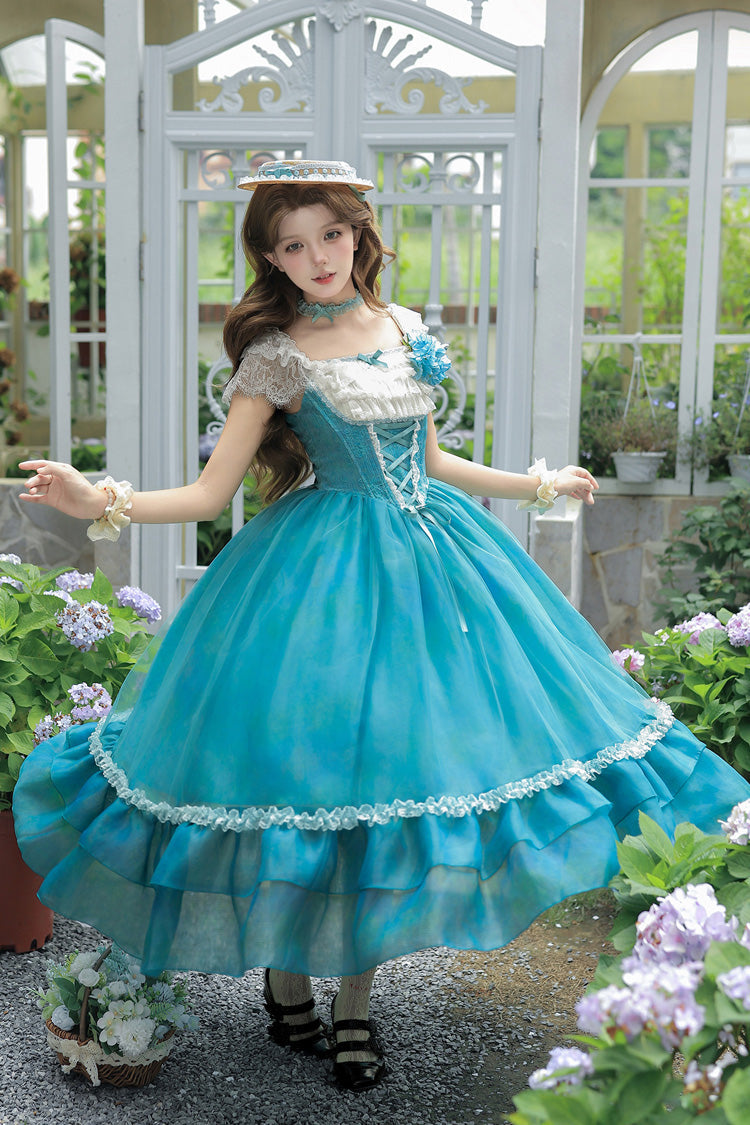 Blue/Green [Water Lily] Square Collar Ruffled Lace-Up Sweet Royal Lolita Dress 2 Versions - Product - 21