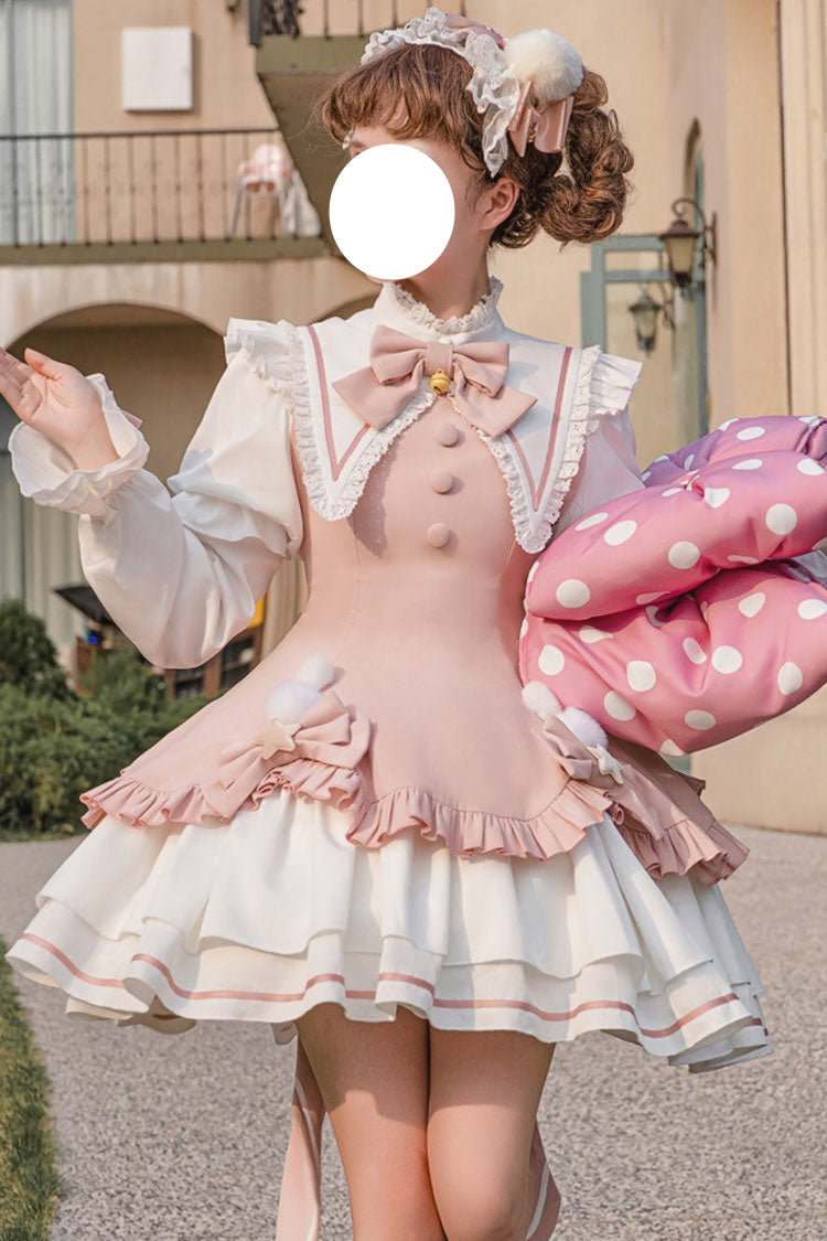 Magical Girl Long Sleeves Multi-layer Ruffle Bowknot Sweet Princess Lolita Dress 2 Colors - White/Pink - 1